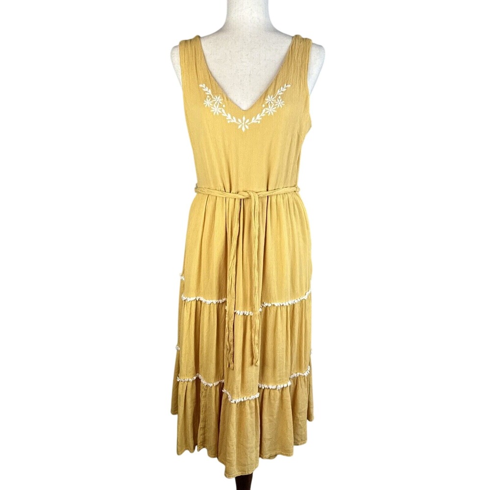 Joie Boho Embroidered Tiered Midi Sun Dress Size 8 Yellow Gauze Belted